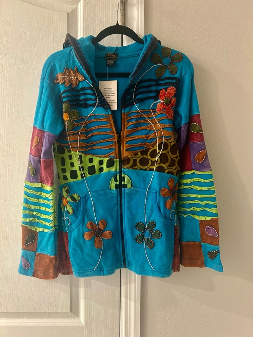 Vintage Rising International 100% Cotton Zip Hoodie S Jacket Blue Boho Patchwork